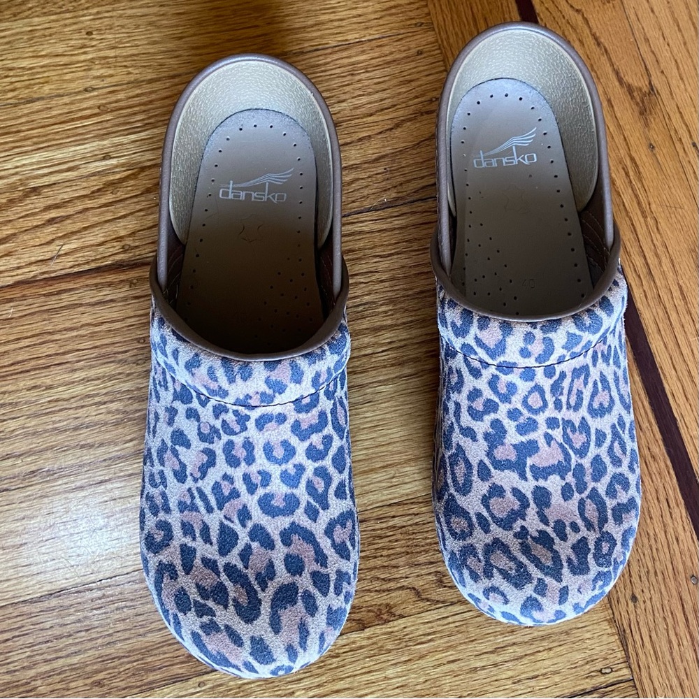 Dansko Pro Leopard Suede Clogs